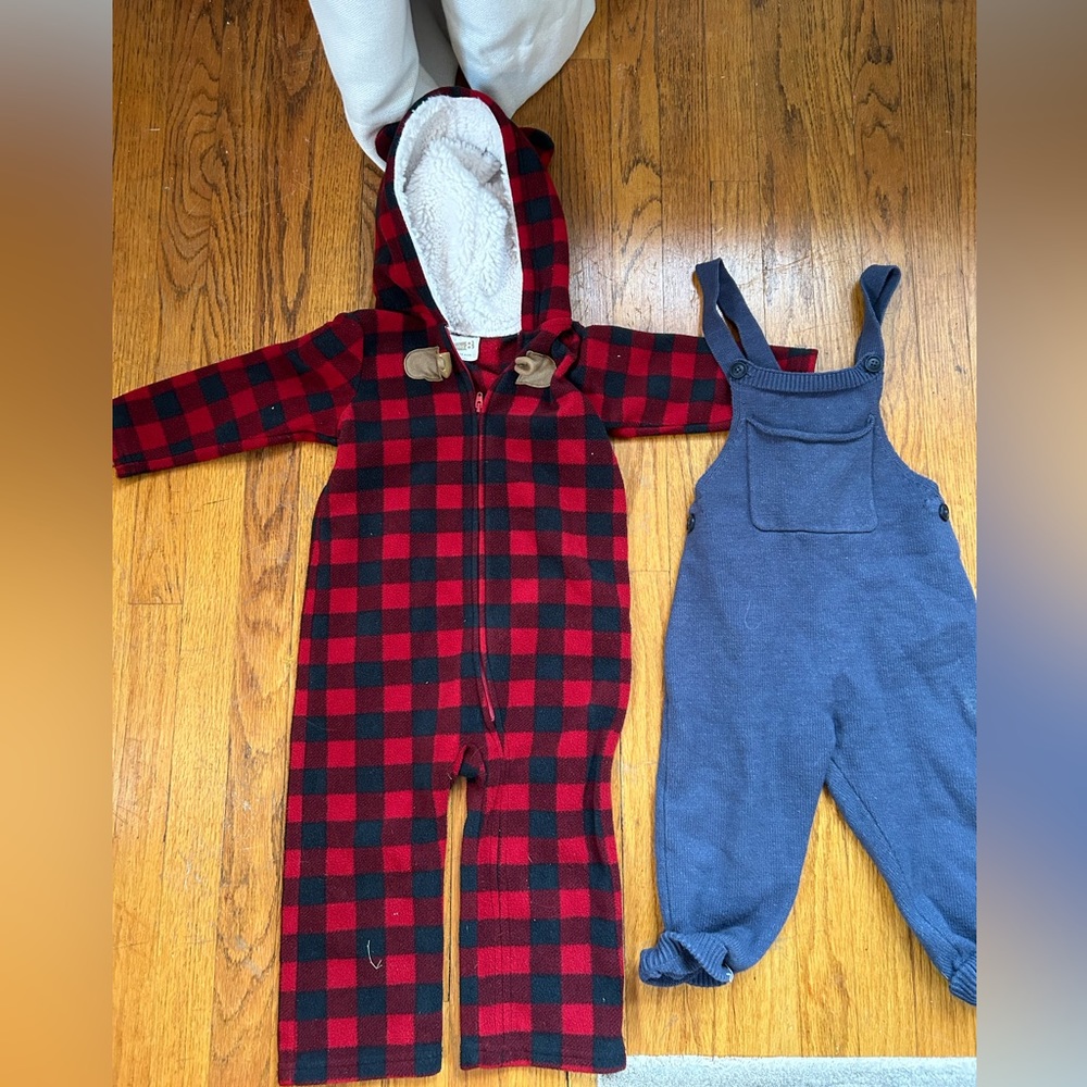 Zara sweater overalls and Buffalo check fleece one piece